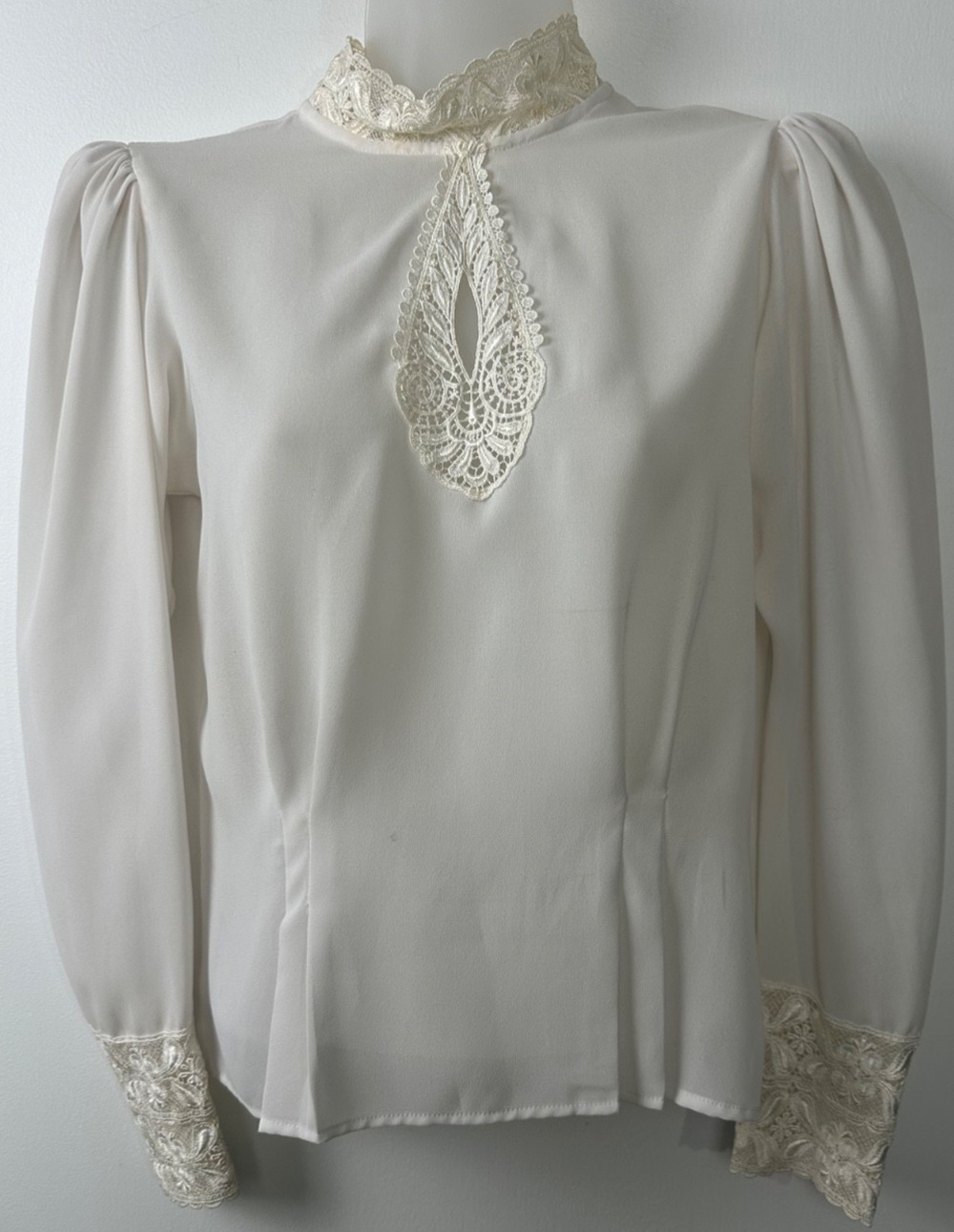 Vintage 80s San Andre Paris Women Sz S Ivory Lace Victorian Blouse Button E5